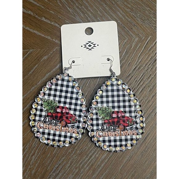 Christmas Tree Truck Black Plaid Scalloped Teardrop Earrings - Picture 2 of 2